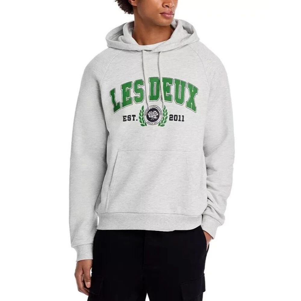 LES DEUX Hoodie Mens Small Heather Grey Pullover University Logo Lined $159